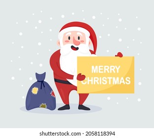 Happy smiling Santa Claus standing with big signboard. Christmas Santa with gift bag full of gift boxes and present, candy cane. Winter Holiday greeting card. Merry Christmas and Happy New Year