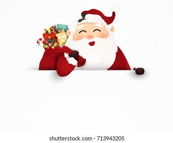 Happy smiling Santa Claus standing behind a big signboard, advertisement banner.   Christmas Santa Clause with gift bag full of gift boxes and present, candy cane. vector illustration.