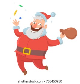 Happy smiling Santa Claus throws candies in the air and jumps for joy with bag of presents on white background. Merry Chtistmas, Happy New Year. Isolated vector illustration. Cartoon character.