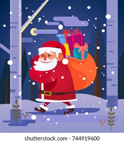 Happy smiling Santa Claus walking in forest and carry big bag with gifts. Marry Christmas and Happy New Year concept. Vector flat cartoon illustration