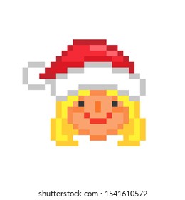 Happy smiling Santa Claus'wife  in a red Christmas hat, pixel art character isolated on white background. 8 bit winter holiday girl logo. Vintage retro 80s-90s slot machine/video game graphics.