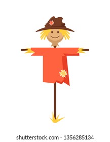 Happy smiling scarecrow character. Vector flat cartoon graphic design banner poster concept