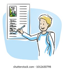 Happy, smiling school boy, signing in for his favorite book reading. Hand drawn cartoon sketch vector illustration, whiteboard marker style coloring. 