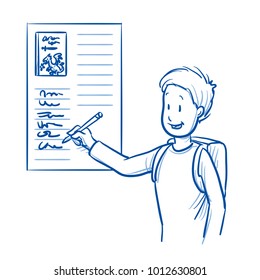 Happy, smiling school boy, signing in for his favorite book reading. Hand drawn line art cartoon vector illustration.