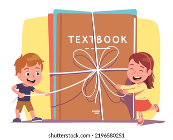 Happy Smiling School Students Boy, Girl Unwrapping New Textbooks Untying Big Gift Ribbon Bow. Exited Schoolboy, Schoolgirl Eager New Knowledge. Education Present Vector Concept Character Illustration