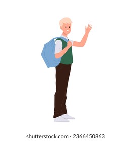 Happy smiling schoolboy wearing uniform holding backpack waving hand standing isolated on white