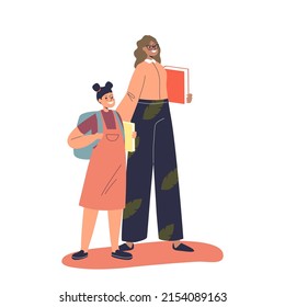 Happy smiling schoolgirl holding teacher hands. Joyful pedagogue with teenage pupil holding backpack. School education concept. Cartoon flat vector illustration