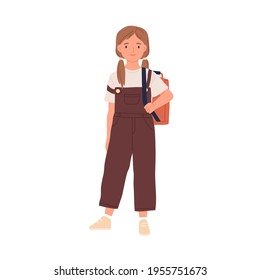 Happy smiling schoolgirl with school bag. Portrait of girl with schoolbag standing in overall and sneakers. Child in modern outfit. Flat vector illustration of kid isolated on white background.