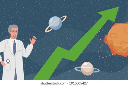 Happy smiling scientist in white lab coat waving hand vector flat illustration. Space background with planets and stars, and green arrow going up. Breakthrough in space exploration concept.