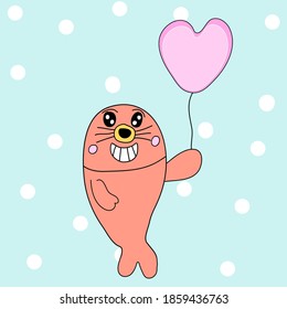 Happy smiling Seal Holding pink Heart balloon on blue dot background concept love
