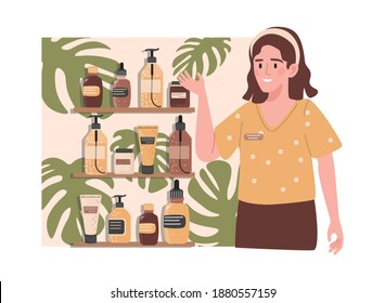 Feliz vendedor sonriente publicitando nueva colección de cosméticos orgánicos frescos de ilustración plana vectorial. La mujer vende cosméticos naturales para cuidados personales y procedimientos de spa. El concepto de productos de belleza.