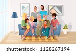 Happy Smiling Senior Couple Gathering Together with their Adult Children, Grandchildren and Great-Grandchildren in Living Room at Home. Four Generation of United Family Cartoon Vector Illustration