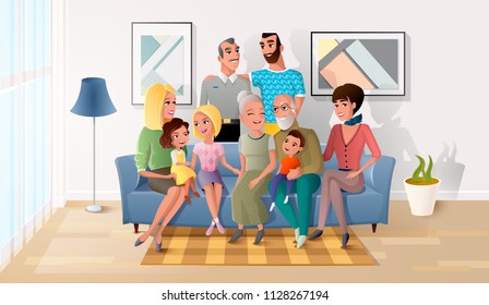 Happy Smiling Senior Couple Gathering Together with their Adult Children, Grandchildren and Great-Grandchildren in Living Room at Home. Four Generation of United Family Cartoon Vector Illustration