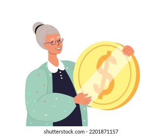 Happy Smiling Senior Female Character Holding Huge Golden Coin.Concept Of Financial Wealth,Money Accumulation,Pension Savings,Wealthy Retirement,Joyful Grandparents.Cartoon People Vector Illustration