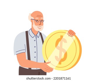Happy Smiling Senior Male Character Holding Huge Golden Coin.Concept Of Financial Wealth,Money Accumulation,Pension Savings,Wealthy Retirement,Joyful Grandparents.Cartoon People Vector Illustration