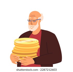 Happy Smiling Senior Retired Pensioner Man, Male Character Hold Pile of money,Golden Dollar Coins.Financial Wealth,Money Accumulation,Pension Savings,Wealthy Rich Retirement.Flat Vector Illustration
