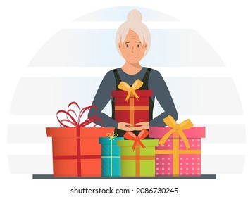 A happy smiling senior woman holding present in the hands, family concept, flat vector illustration