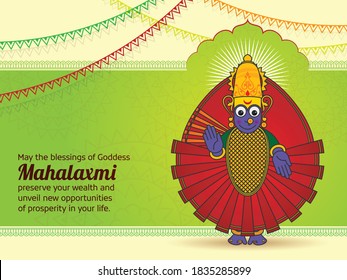 Happy Smiling Shaktipith Devi Mahalaxmi Ambabai, Famous Hindu Temple Kolhapur Maharashtra. Social Media Post with best wishes Happy Diwali Navratri Dussehra Festival Greetings for your beloved ones.