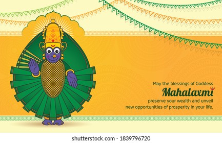 Happy Smiling Shaktipith Devi Mahalaxmi Ambabai of Famous Hindu Temple Kolhapur Maharashtra. Best wishes Happy Diwali Navratri Dussehra Festival Greetings. Fully Editable and Suitable for banner ads.