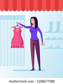 Happy smiling shopaholic woman consumer choosing dress and trying. Shopping consuming concept. Vector flat cartoon graphic design isolated illustration