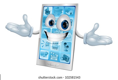 Happy smiling silver and blue phone cartoon character or mascot