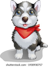 Happy smiling sitting purebred Husky dog with blue eyes vector Cartoon Illustration. Cheerful purebred pretty dog. Clipart isolated on white background. White and gray adult Siberian husky puppy image