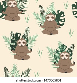 Happy smiling sloth meditating against green tropical leaves and text "Not Today". Funny card with cartoon animal.