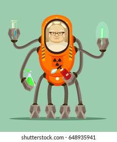 Happy Smiling Smart Mad Scientist Man Robot Cyborg Character Holds Flask With Liquid In His Iron Hands. Vector Flat Cartoon Illustration