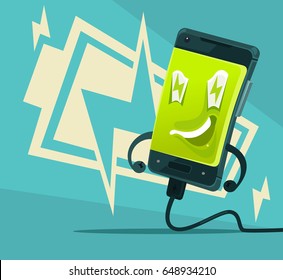 Happy Smiling Smart Phone Character Full Of Energy And Power. Vector Flat Cartoon Illustration