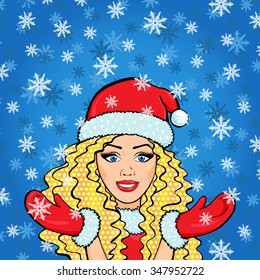 Happy smiling Snow Maiden in snow, vector pop art comic style blonde winter woman in red snow maiden costume