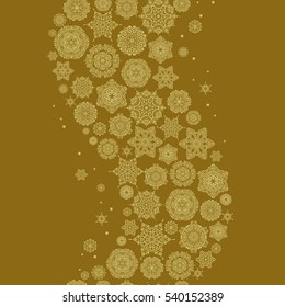Happy smiling snowflakes seamless pattern. Snowflakes decorated with circles and dots. Christmas and New Year theme. Vector winter design on a brown background.