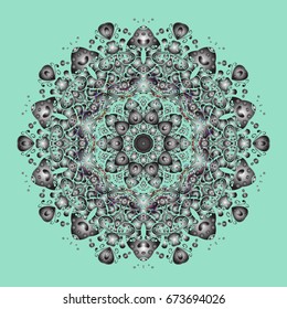 Happy smiling snowflakes seamless pattern. Vector winter design on a colorful background. Snowflakes decorated with circles and dots. Christmas and New Year theme.