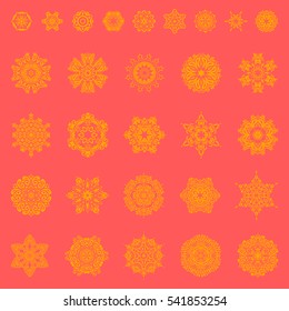 Happy smiling snowflakes set. Vector winter design on a pink background. Snowflakes decorated with circles and dots. Christmas and New Year theme.
