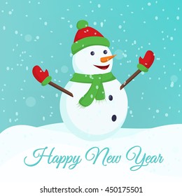Happy smiling snowman. New Year greeting card template.