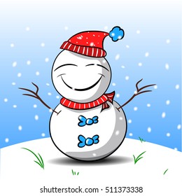 Happy Smiling Snowman with red Hat