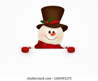 Happy smiling snowman standing behind a blank sign showing on big blank sign. vector illustration.