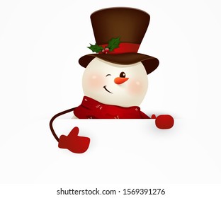 Happy smiling snowman standing behind a blank sign showing on big blank sign. vector illustration.