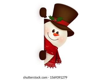 Happy smiling snowman standing behind a blank sign showing on big blank sign. vector illustration.