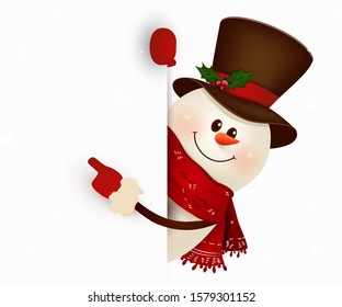 Happy smiling snowman standing behind a blank sign showing on big blank sign. Cartoon snowman character with white copy space. vector illustration.