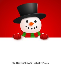 Happy smiling snowman standing behind a blank sign. Christmas and New year banner. Vector illustration.