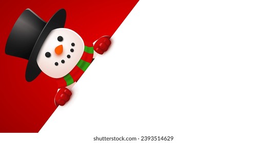 Feliz hombre de nieve sonriente parado detrás de un cartel en blanco. Banner de Navidad y Año Nuevo. Ilustración vectorial.