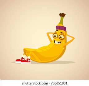 Happy smiling sport banana character work out abs. Vector cartoon illustration