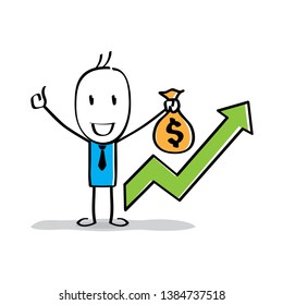 happy smiling stick figure gain profit with his business, holding a bag of money, hand drawn cartoon stick man vector