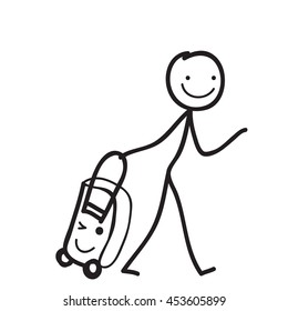 happy and smiling  stick man travel  with travel bag