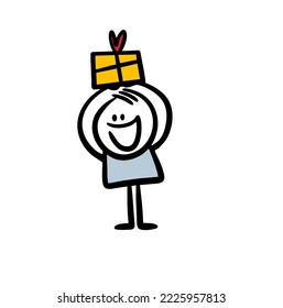 Happy smiling stickman with a gift box holding in rising up hands above his head. Vector illustration of cute party guy with present.