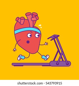 Happy smiling strong heart logotype. Cheerful cartoon character jogging on treadmill. Happy cardiovascular symbol or sign. Vector illustration