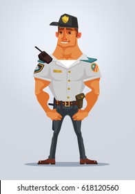 Happy Smiling Strong Muscular Policeman Character Mascot. Vector Flat Cartoon Illustration