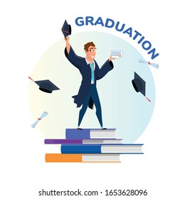 Happy Smiling Student in Gown Standing with Diploma and Raised Cap Standing on Book Stack. Flying Graduate Hats and Certificate Rolls. Celebration Graduation Poster. Vector Education Flat Illustration