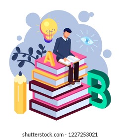 Happy smiling student man boy character reading book and sitting on big books pile. Education learning read concept. Vector flat cartoon isolated illustration