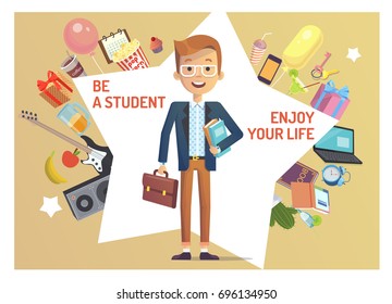 Happy smiling student with set of subjects. Vector illustration